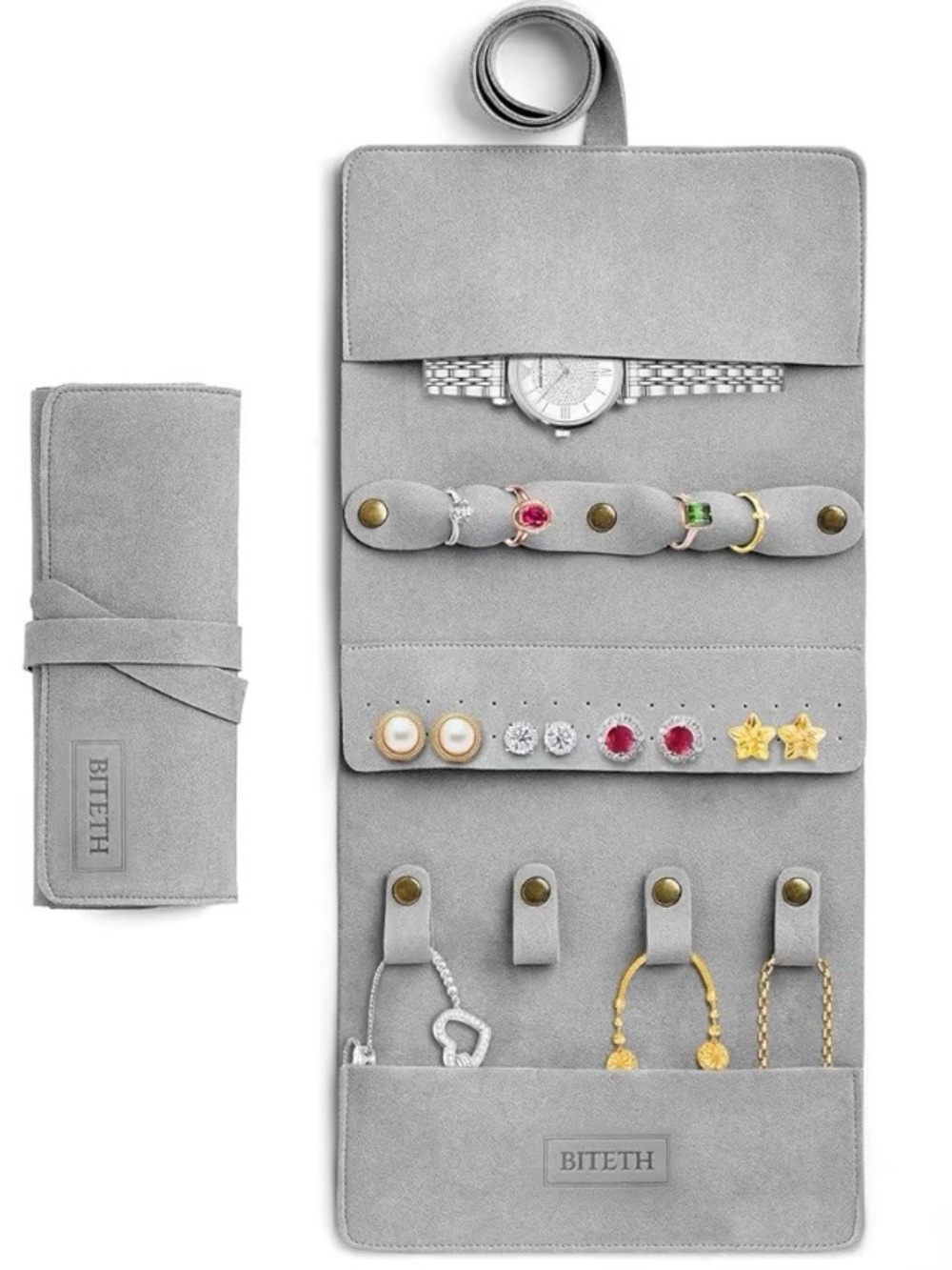 Leather‎ Travel Jewelry Roll Organizer Rings Necklace Watch Case, Gray, BITETH
